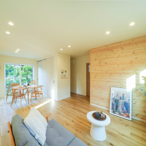 テレビ背面は木の温かさを感じる無垢羽目板を使用。
